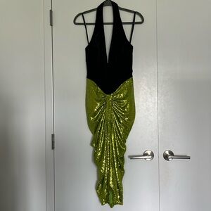 Lime Green and Black Sequin and Velvet Halter Dress Size 8